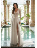 Long Sleeves Ivory Lace Chiffon High Slit Flowing Wedding Dress